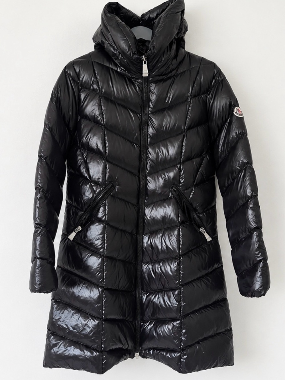 Moncler Glossy Black Quilted Long Puffer Coat with Hood, Size 4